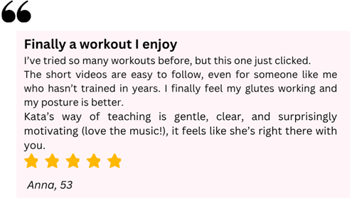 5-star review from Anna, age 53, about glute course results