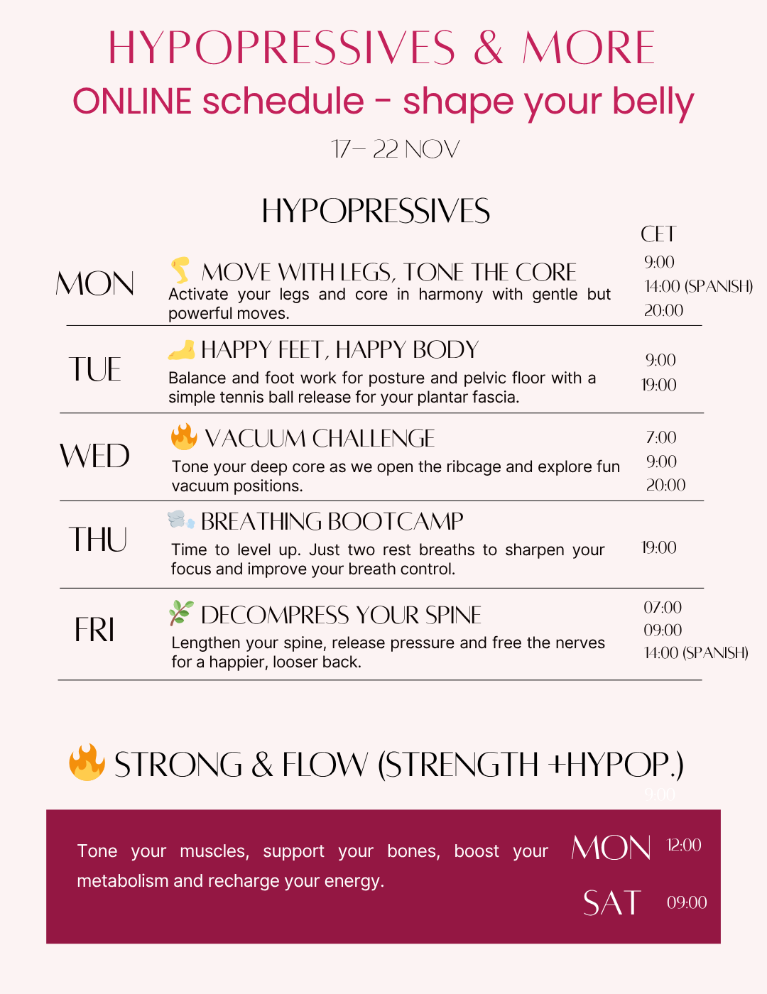 Live (Zoom) hypopressives online classes. Daily classes of 30 minutes.