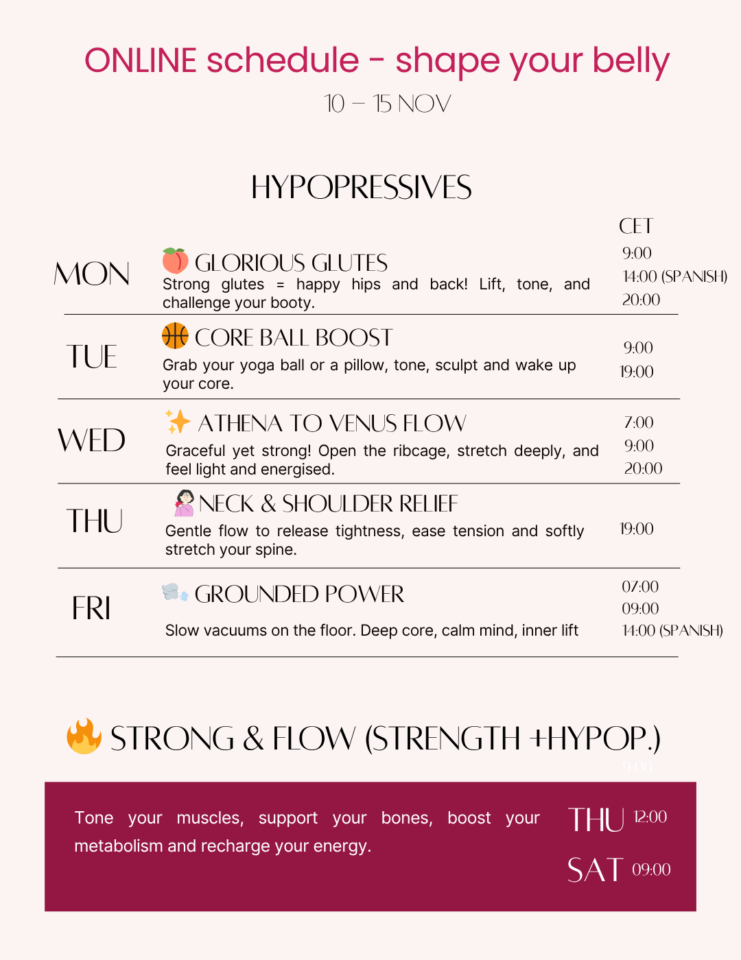 Live (Zoom) hypopressives online classes. Daily classes of 30 minutes.