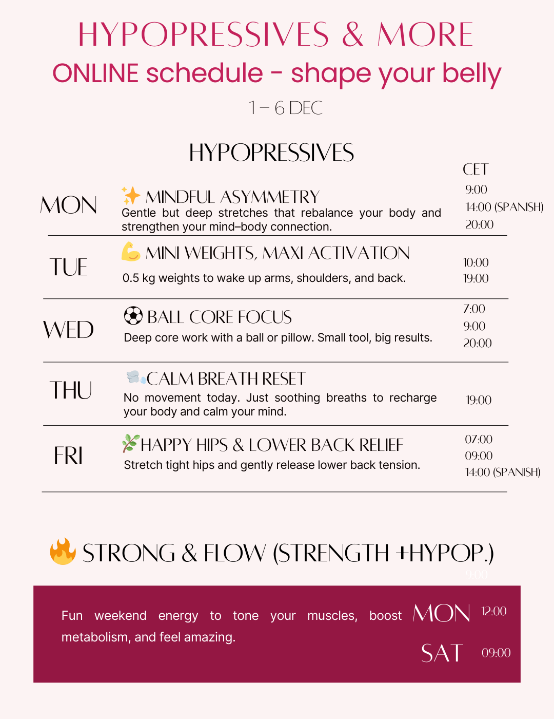 Live (Zoom) hypopressives online classes. Daily classes of 30 minutes.